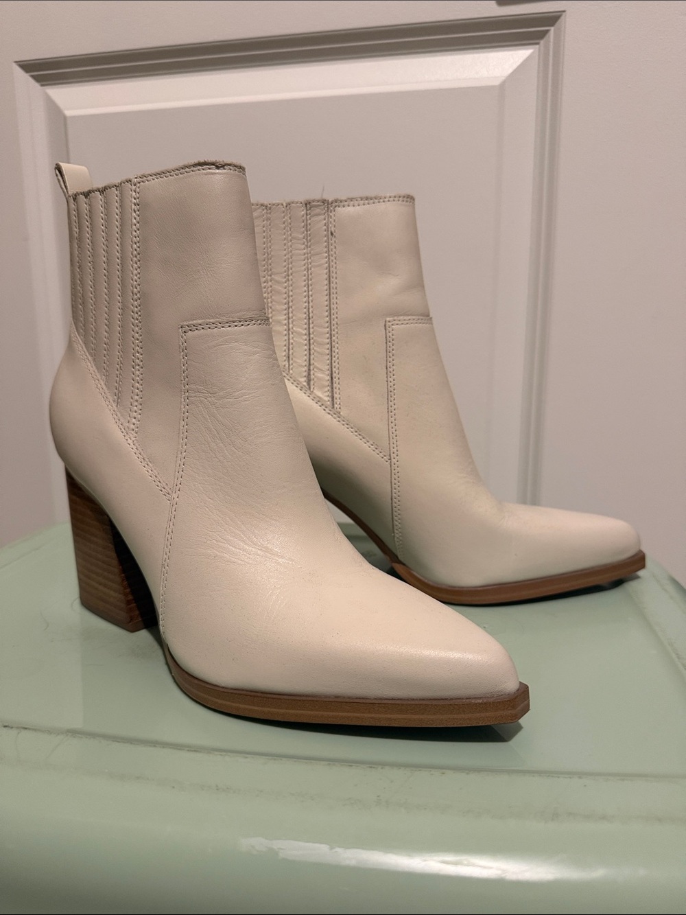 Marc Fisher Cream Leather Pointed Toe Block Heel Ankle Boots